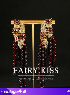 中古耳环长款流苏扫肩红色琉璃镶钻优雅复古个性镀真金耳钉银针