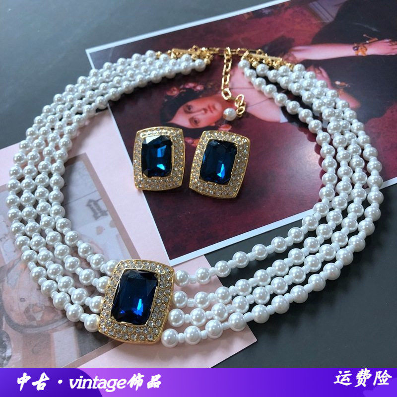 优雅蓝宝石项链电镀真金925银针耳钉项链套装多层短款珍珠项链