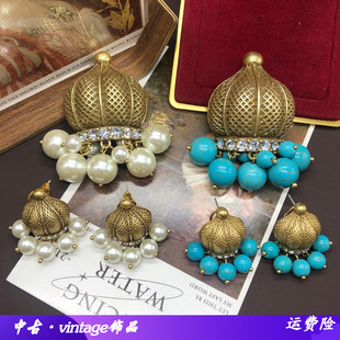 中古回流做旧金粉晶绿松石琉璃珍珠吊坠胸针耳钉套气质百搭别针女