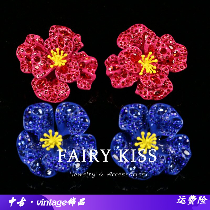 中古精致鲜艳山茶花耳钉多层高级