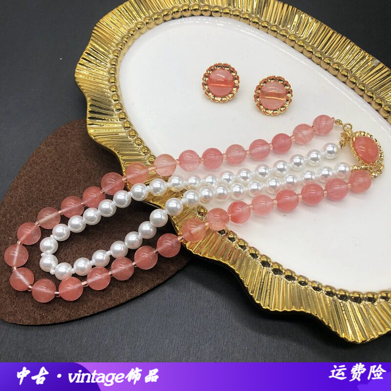 法式清新西瓜红玛瑙珍珠双层项链