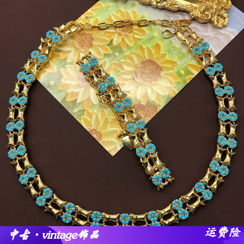 法式小清新蓝色花朵镀真金项链手