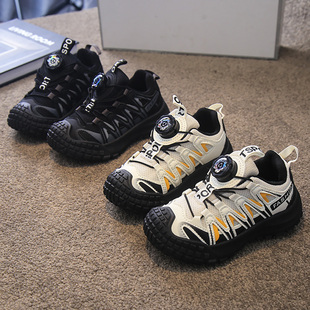 儿童运动鞋软底童鞋网面透气旋转钮扣2025春秋款男童女童鞋黑色鞋