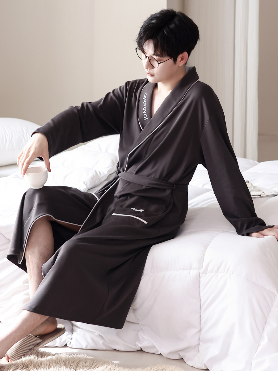 남성용 잠옷 2023 새로운 봄 가을 순수 면화 긴팔 성인 목욕 가운 남성용 중간 길이 잠옷 섹시 코튼