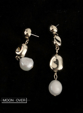 MOON OVER 独立设计 淡水珍珠耳环不规则长款银针镀真金复古耳环