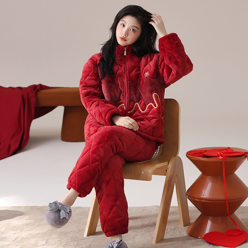 睡衣女冬季三层加绒加厚红色本命年珊瑚绒大码夹棉袄家居服可外穿