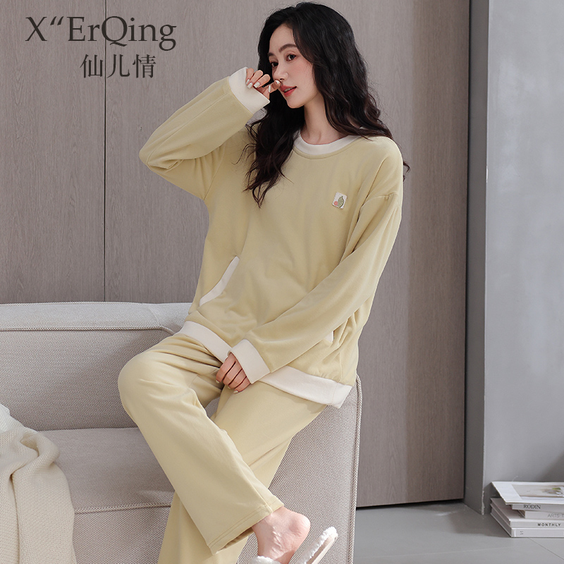 睡衣女秋冬季冬款纯色加厚加绒套装珊瑚绒海岛绒加大码休闲家居服