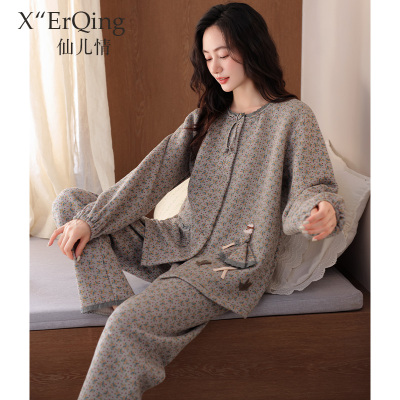 空气棉睡衣女春秋季秋款加厚纯棉夹层家居服秋冬季冬款妈妈可外穿