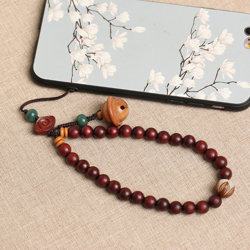 中国风原创小叶紫檀手机挂件短款手腕挂绳桃木开运铃铛手机挂链