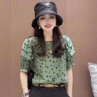 宽松显白上衣女 新款 欧货大牌高端绿色圆领潮流波点短袖 2025年夏季