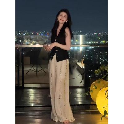 清冷松弛感穿搭套装夏日慵懒风休闲无袖背心马甲休闲阔腿裤两件套