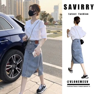 早春夏季女装2026新款微胖显瘦高级感炸街上衣牛仔半身裙两件套装
