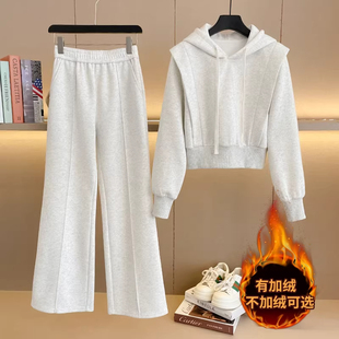 小个子韩版休闲运动套装女2026秋冬洋气减龄加绒卫衣阔腿裤两件套