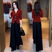 洋气套装 显瘦阔腿裤 女2026春秋季 立体花朵打底衫 两件套潮 新款 时尚