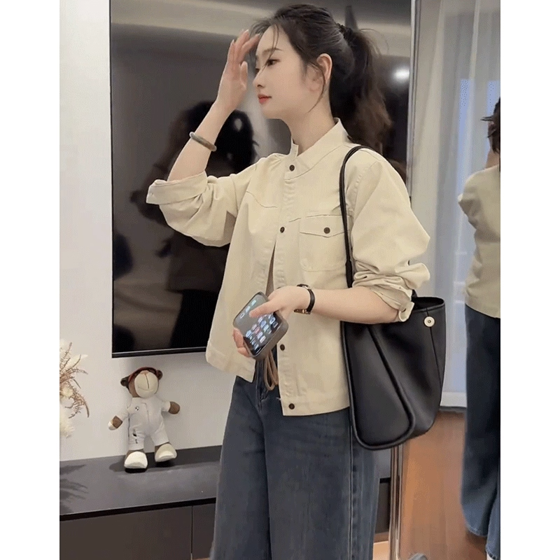 工装立领衬衫短款外套女春秋新款复古小个子休闲显瘦百搭夹克上衣
