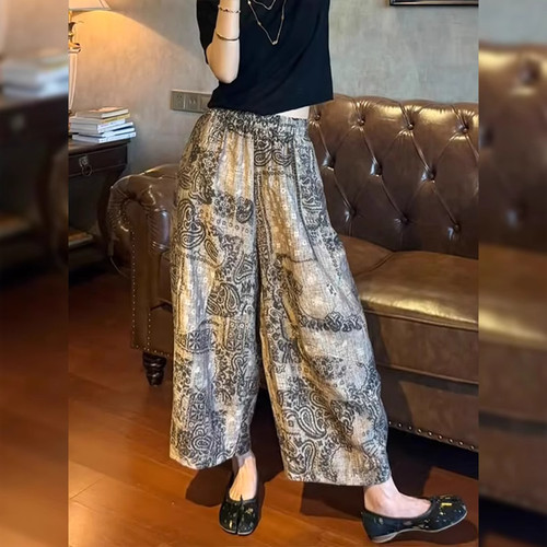 复古印花阔腿弯刀裤女2026年夏季薄款大码胖mm宽松显瘦九分休闲裤