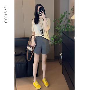 夏季 女装 时尚 Polo领短袖 减龄两件套 套装 T恤高腰休闲短裤 2025新款