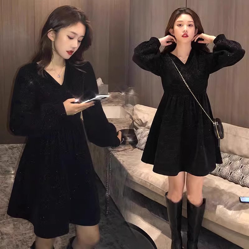 复古高级感宴会礼服小黑裙大码胖mm收腰显瘦气质内搭连衣裙女秋季