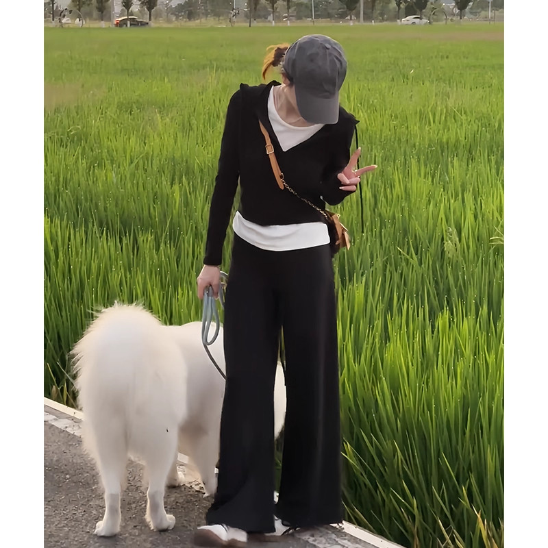 韩系穿搭一整套气质假两件连帽上衣气质卫衣休闲阔腿裤两件套装女,女装/女士精品,时尚套装,淘宝优惠券,粉丝福利购,淘宝优惠卷