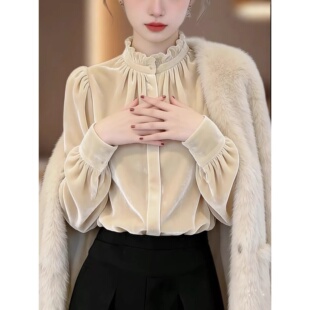 高级感轻奢减龄木耳边立领丝绒衬衫女装秋冬新款气质独特好看上衣