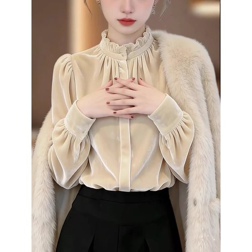 高级感轻奢减龄木耳边立领丝绒衬衫女装秋冬新款气质独特好看上衣