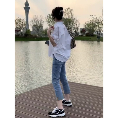 夏装搭配套装港风别致不规则半袖衬衫女显瘦遮肉复古直筒牛仔裤潮