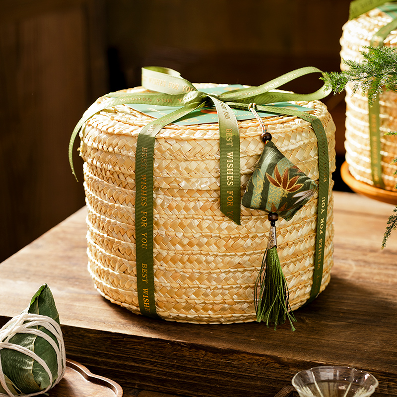 2025端午节粽子包装盒礼盒草编抱抱桶圆形绿豆糕咸鸭蛋盒子手提袋