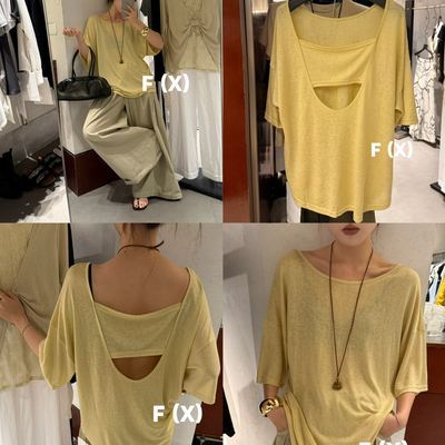 (X)-休闲后背U领拉条设计纯色天丝麻短袖T恤(背后U领慵懒T)6957。