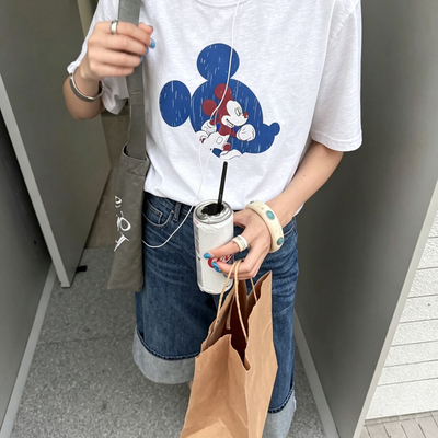 More..有熊-上新夏季休闲百搭米奇印花亚麻短袖T恤短袖T恤CE0016