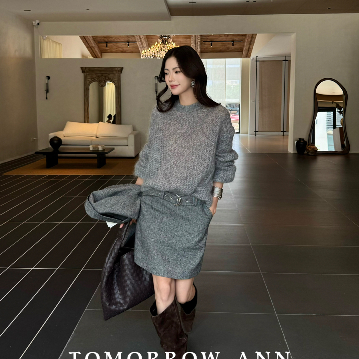 MORROW ANN-人字纹高定气质显瘦半身裙(配腰带)（含30羊毛）12129