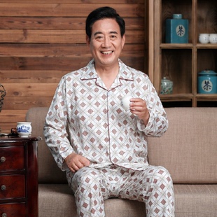 5060岁爸爸纯棉长袖长裤睡衣男秋季中老年开衫开小便口家居服父亲