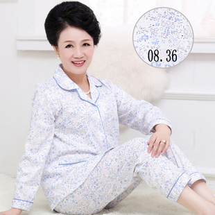 妈妈长袖长裤睡衣女中老年纯棉家居服奶奶纽扣开衫休闲秋冬装外穿