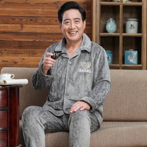 爸爸秋冬保暖睡衣加厚珊瑚绒翻领