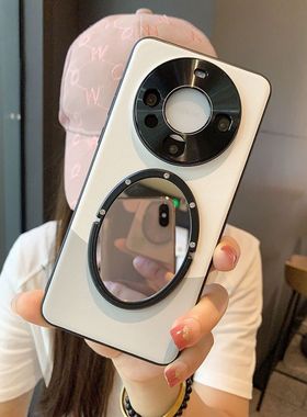 新款适用华为mate60Pro手机壳带镜子mate50/40保时捷带支架RS紫色皮纹时尚全包边高级感70非凡大师女款补妆