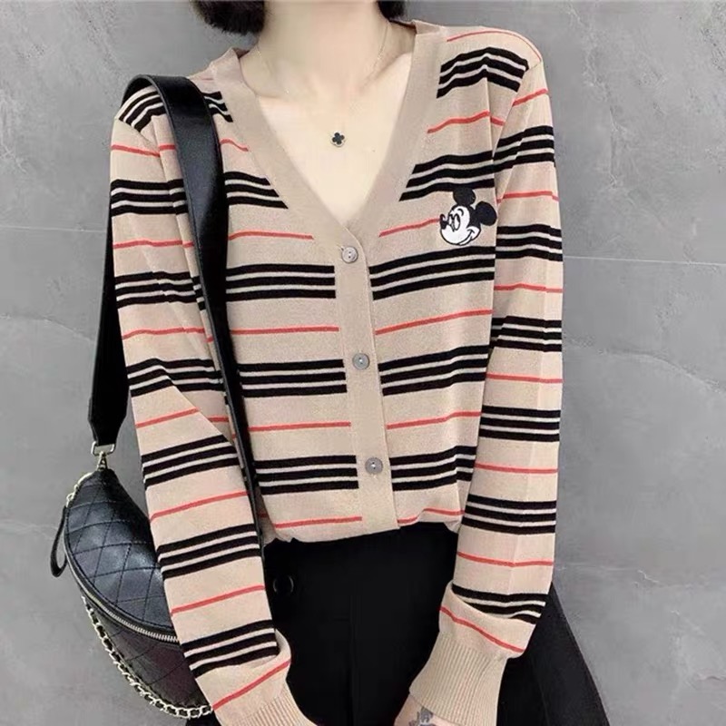 Spring and summer new loose stripe knitted cardigan women's long sleeve collar Mickey embroidered top coat