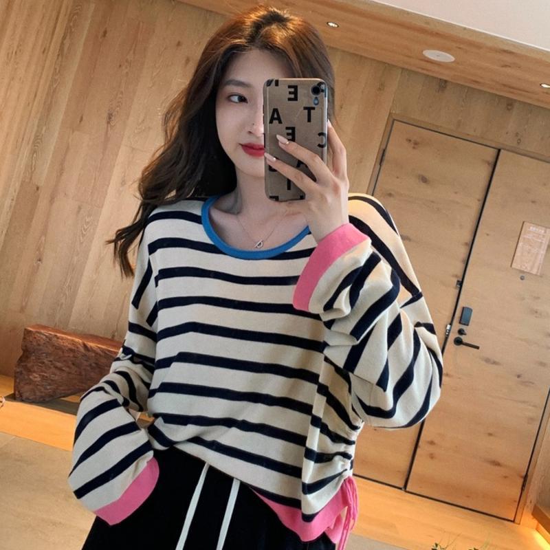 Zhang Beibei's design sense minority stripe T-shirt women's spring and autumn new long sleeve color contrast T-shirt fashion