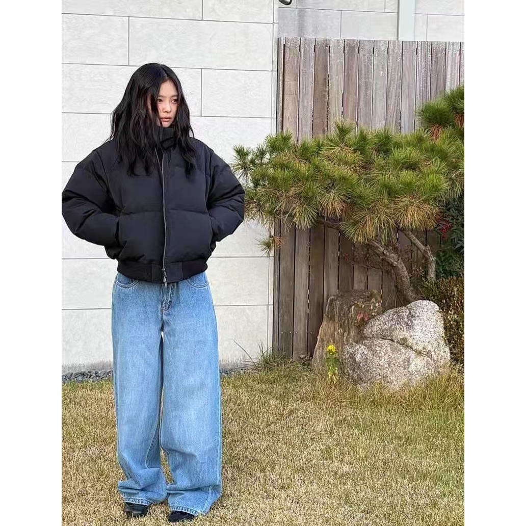 韩风  jennie同款 百搭黑色拉链外套羽绒服立领面包服