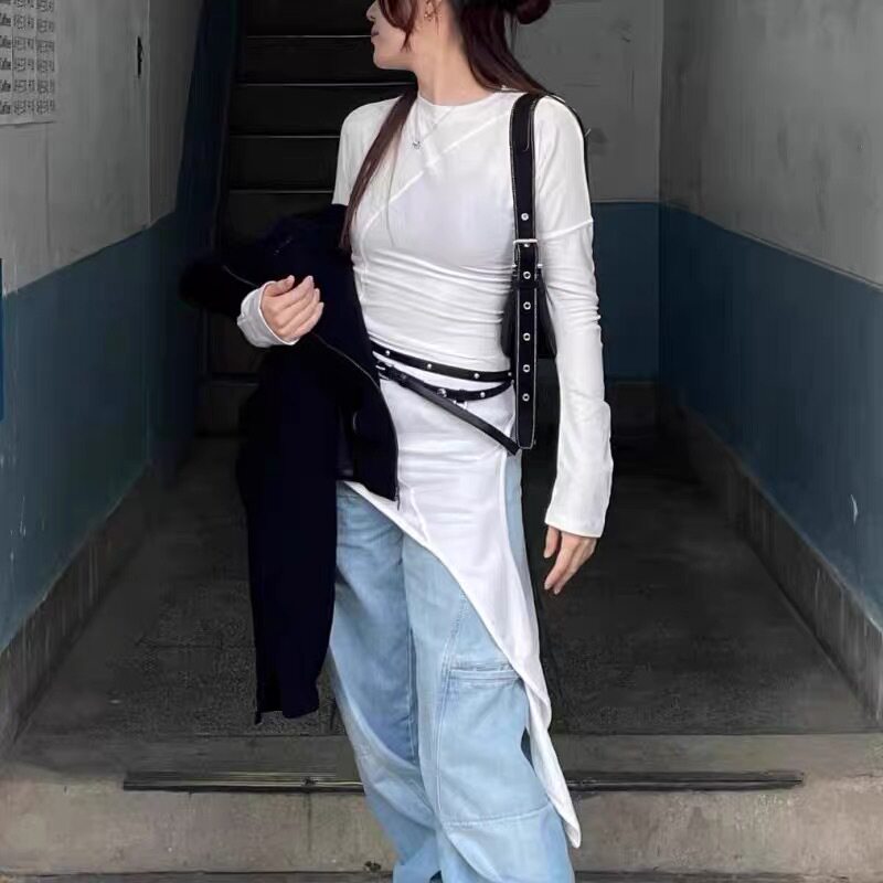 韩系新款 东大门 不规则下摆绑带打结修身打底长袖T恤