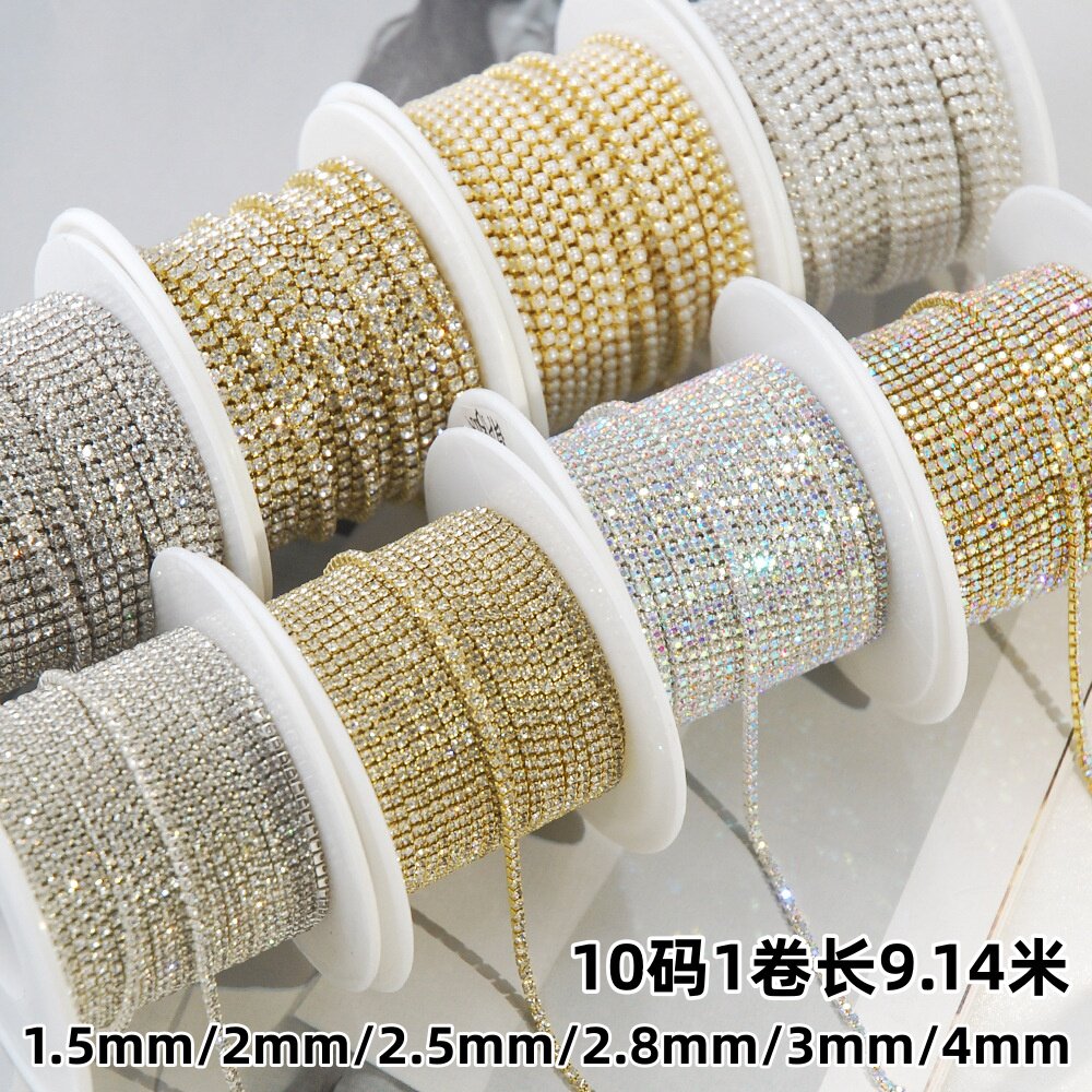 金底银底白钻AB彩珍珠爪链密爪钻链水钻链条diy美甲服装饰品配件
