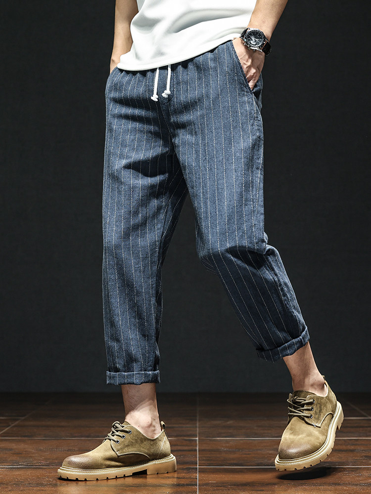 夏季薄款棉麻九分裤男款竖条纹裤子休闲八分9分裤8宽松直筒高级感