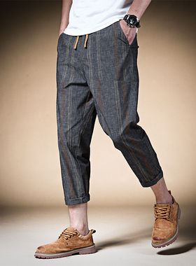 香港夏季宽松薄款九分裤男休闲小脚八分8分裤9分裤子条纹哈伦潮牌