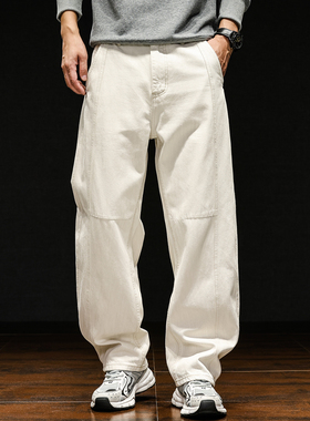 秋冬新款高端美式牛仔裤男白色宽松潮牌冬季阔腿百搭工装弯刀长裤