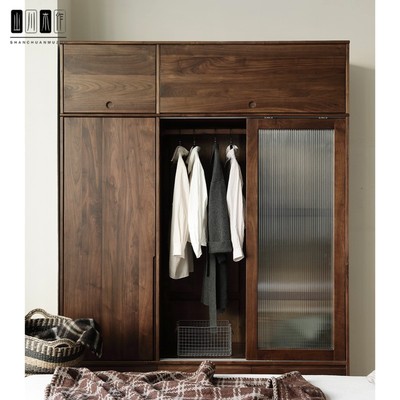 北欧日式黑胡桃樱桃木大衣柜定制