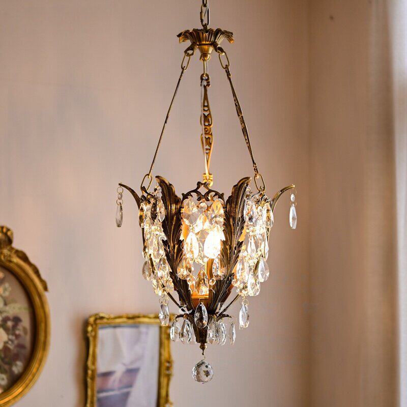 欧式全铜复古过道灯美式卧室玄关阳台岛台法式中古风黄铜水晶吊灯