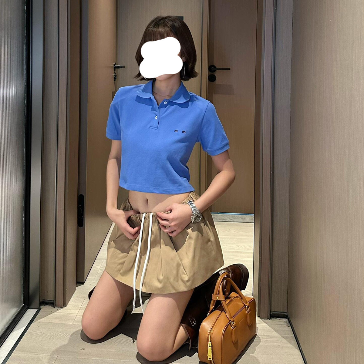 MM网眼布超短款POLO衫女刺绣字母25夏季修身显瘦简约潮牌短袖T恤