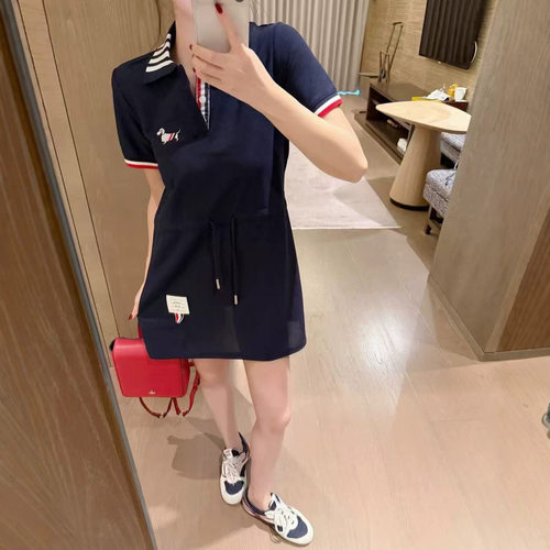 学院风小狗刺绣polo翻领连衣裙夏季新款抽绳收腰短袖休闲运动短裙