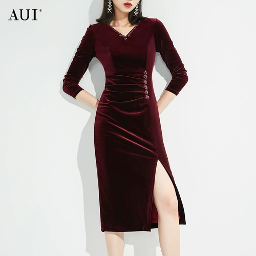 Элитное бордовое осеннее платье, сексуальный приталенный корсет, длинная юбка, V-образный вырез, средней длины