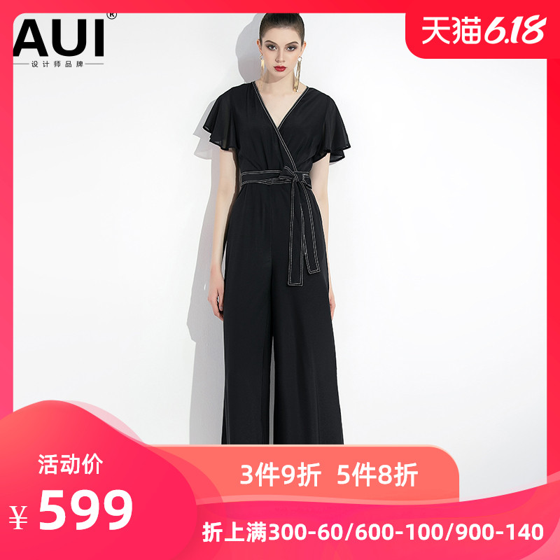 aui2020新款连体衣女装黑色阔腿裤女气质高腰连体裤套装连衣裤夏