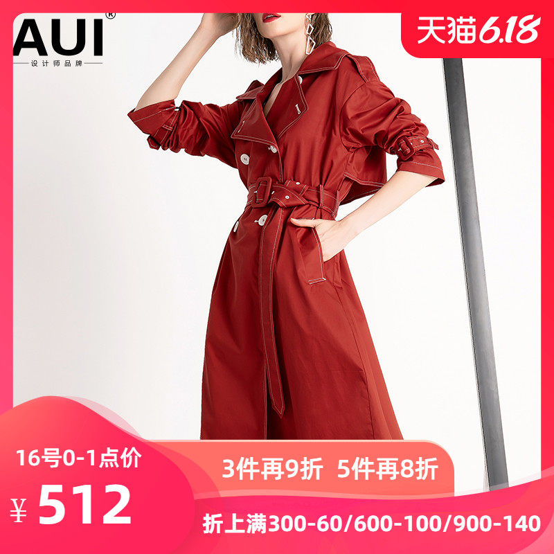 aui欧洲站红色风衣女中长款2019春秋新款欧美风女装气质大衣外套