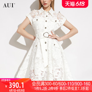 女夏季 气质小众POLO衬衫 设计感蕾丝连衣裙2024新款 AUI白色法式 裙